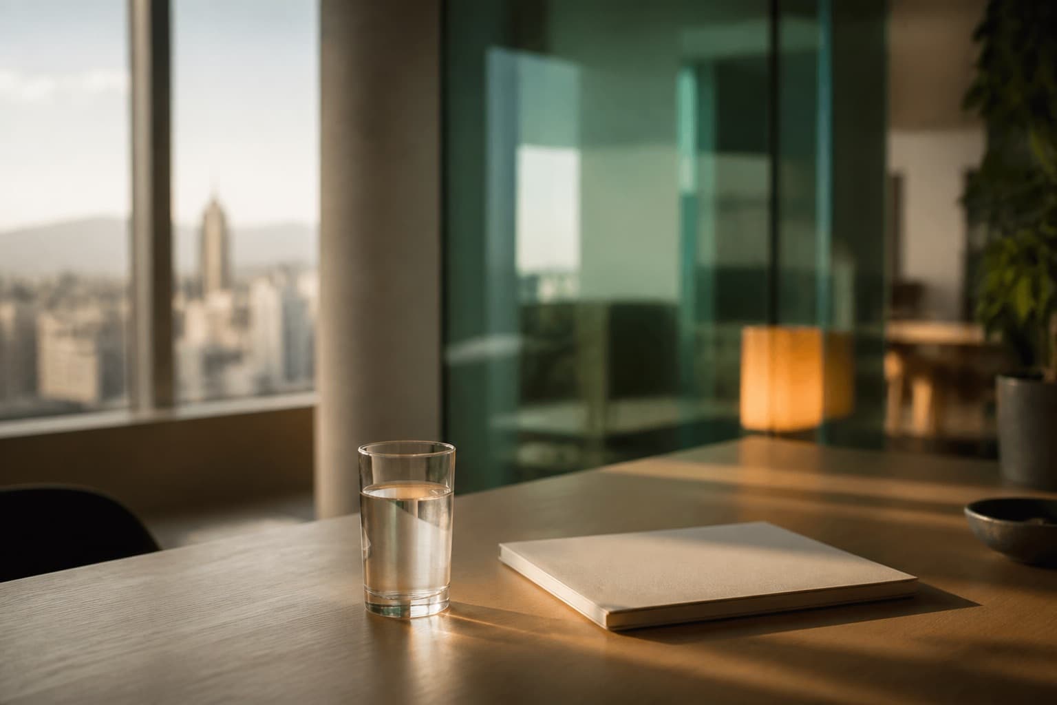 Escritorio en luz natural junto a una ventana, sin personas